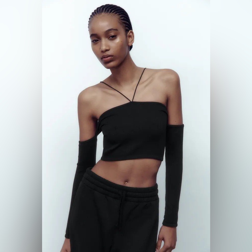 Zara Black Off-Shoulder Ribbed Crop Top - Long Slv - Women’s Medium-Large